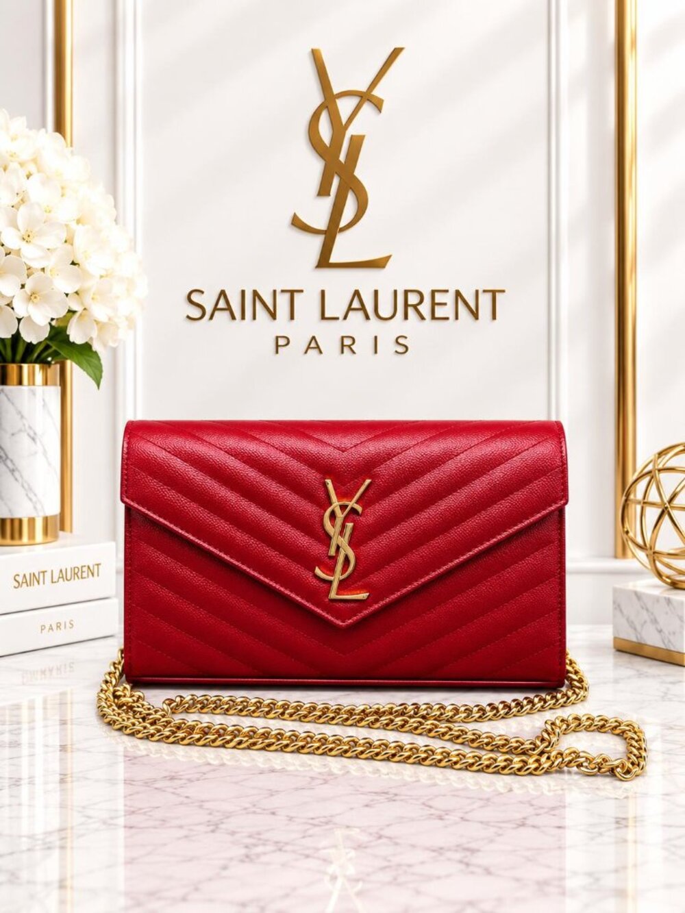 Authentic Saint Laurent YSL Medium Envelope Red Chevron Leather Gold Chain Bag